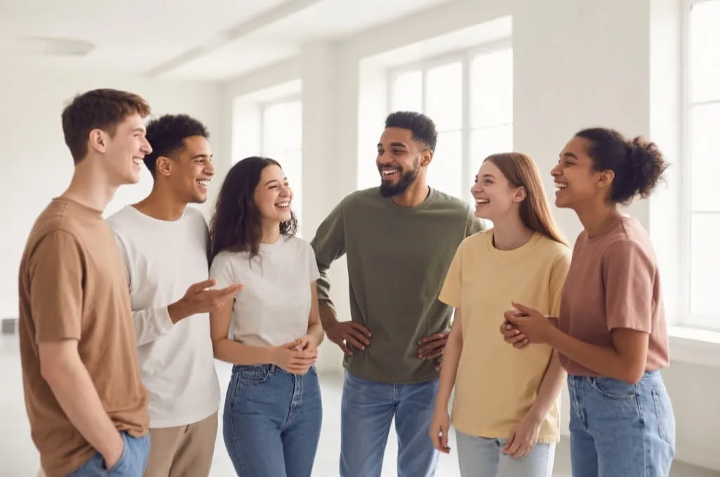 A diverse group of cheerful young adults in simple casual clothing smiling and discussing together in a bright modern hall